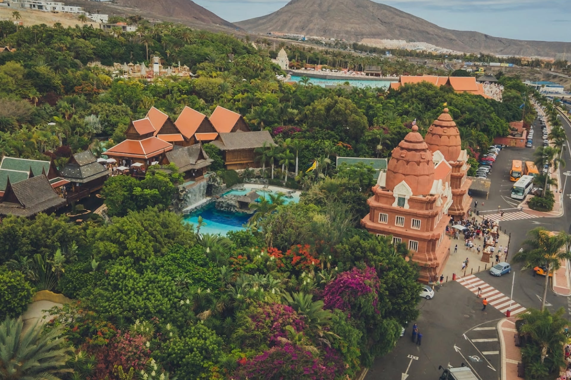 Breathtaking aerial view of Siam Park, Tenerife, showcasing the water park's expansive layout and stunning surroundings