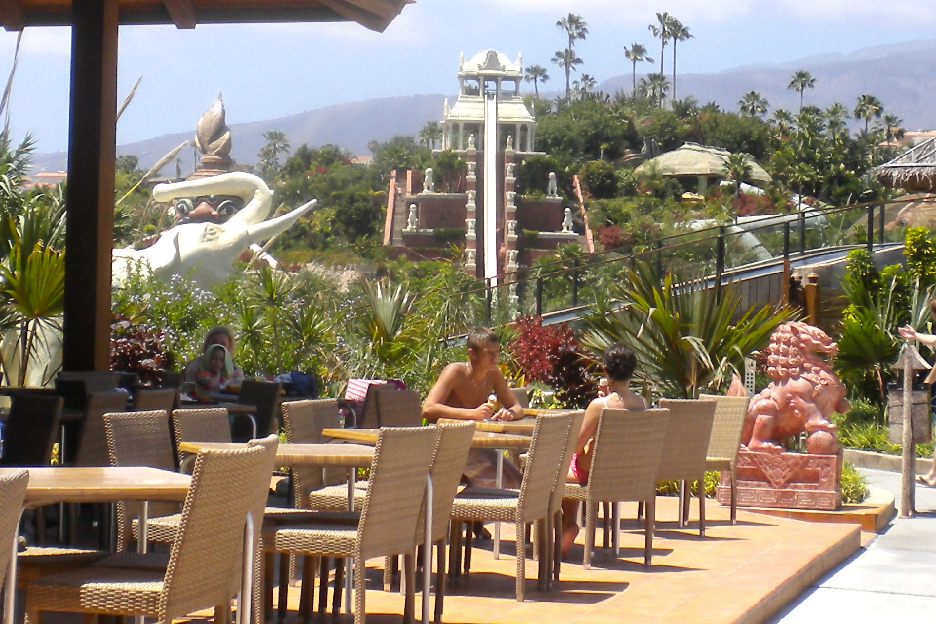 Vibrant food zone at Siam Park, Tenerife, offering a variety of culinary delights and dining options
