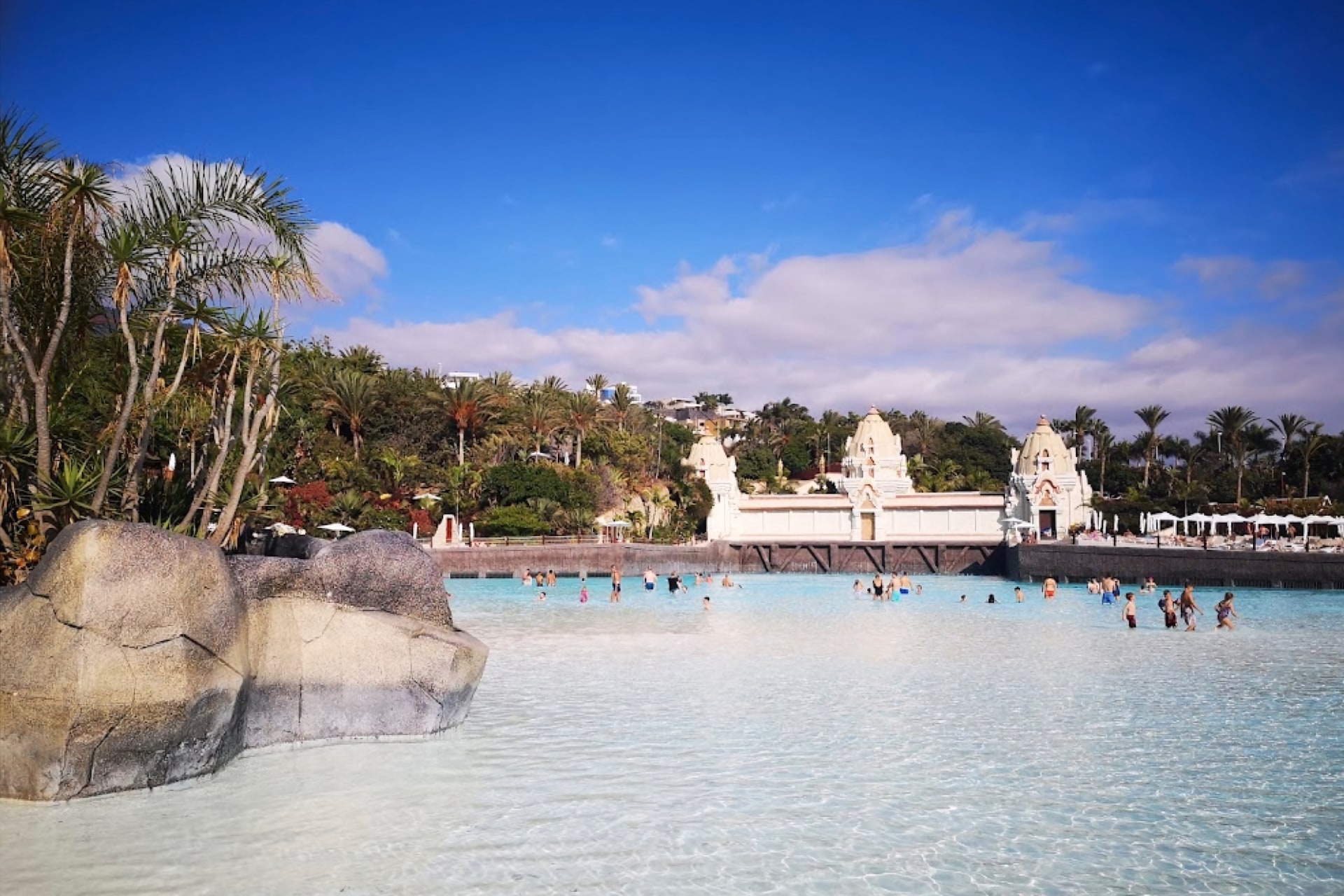 Sparkling blue water in a large swimming pool at Siam Park, Tenerife
