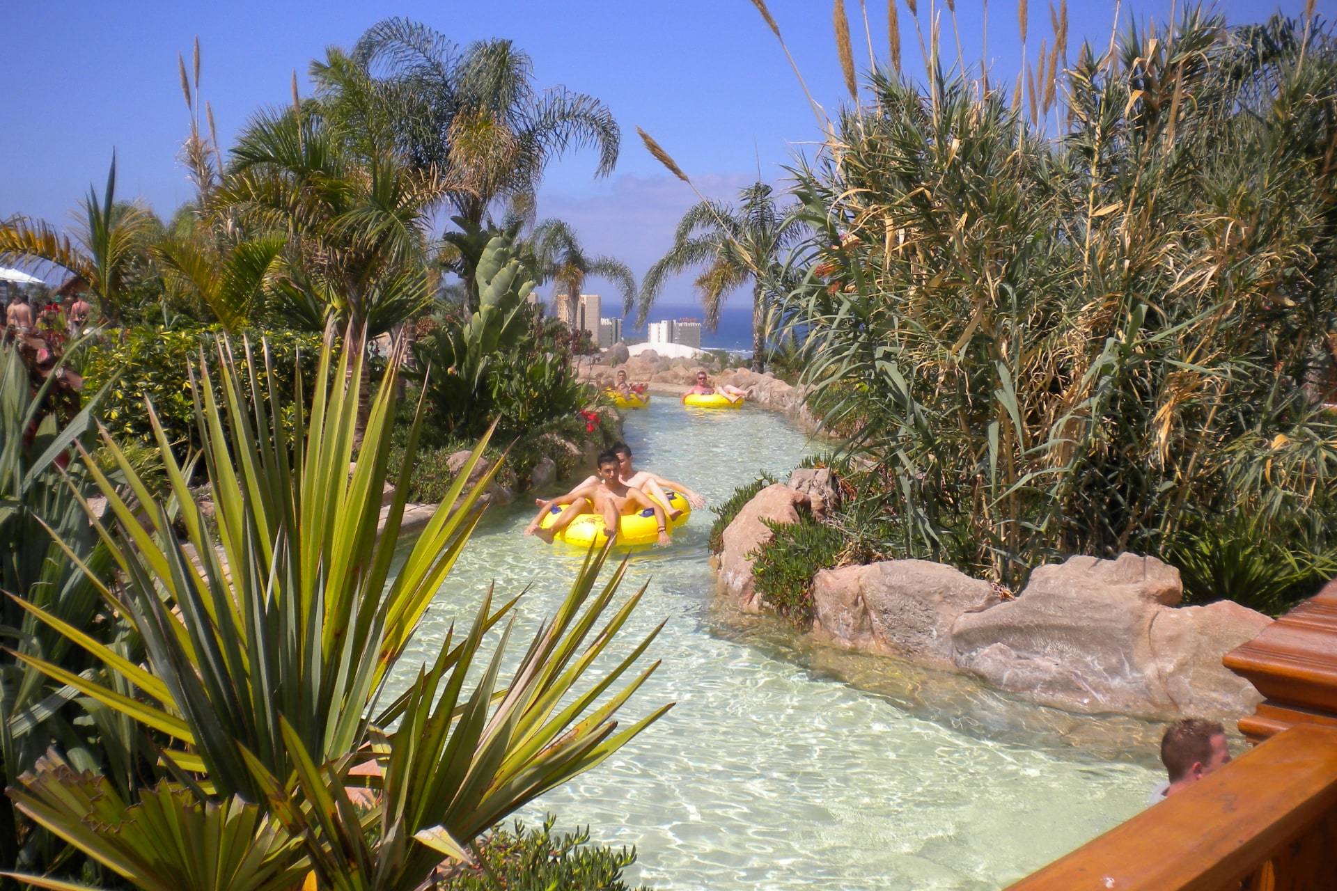 A colorful raft floating on the lazy river at Siam Park in Tenerife